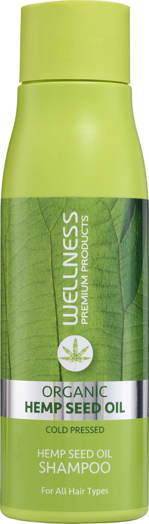 Green bottle of organic hemp seed oil shampoo with a green label and cap, for all hair types.