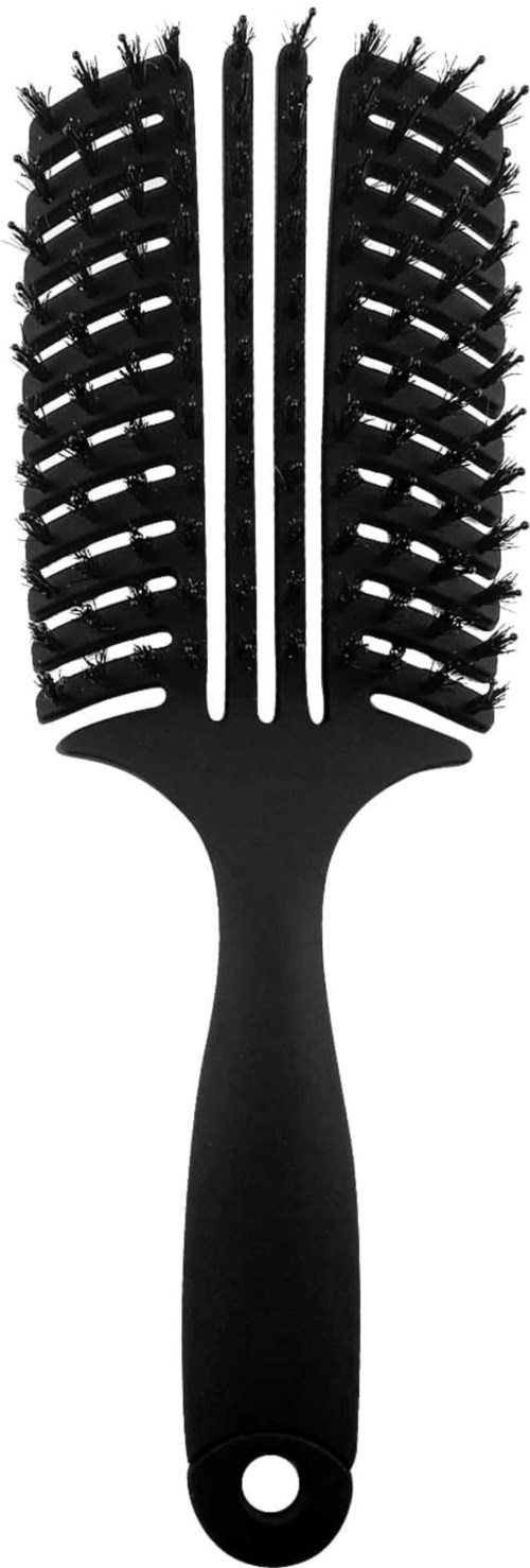 A black hairbrush with a handle and wide, spaced bristles arranged in rows.