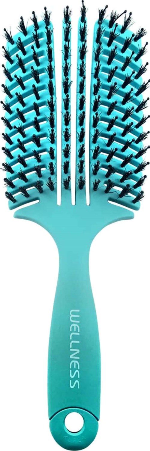 A turquoise hairbrush with black bristles and a hole at the handle's end for hanging.