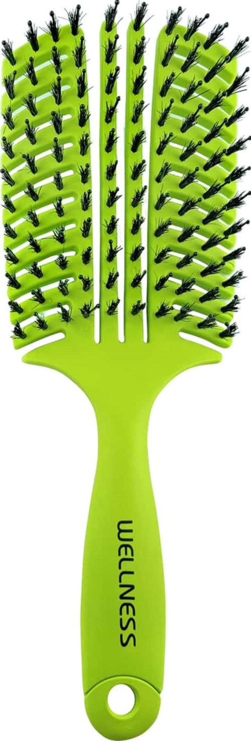 A bright green hairbrush with black bristles, labeled 'WELLNESS' on the handle, designed for hair care.