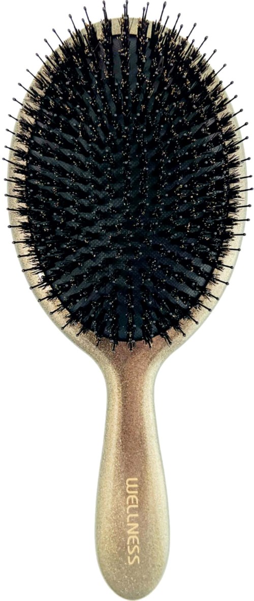 Owalna szczotka do włosów z czarnymi końcówkami i beżową rączką oznaczoną 'WET BRUSH'.