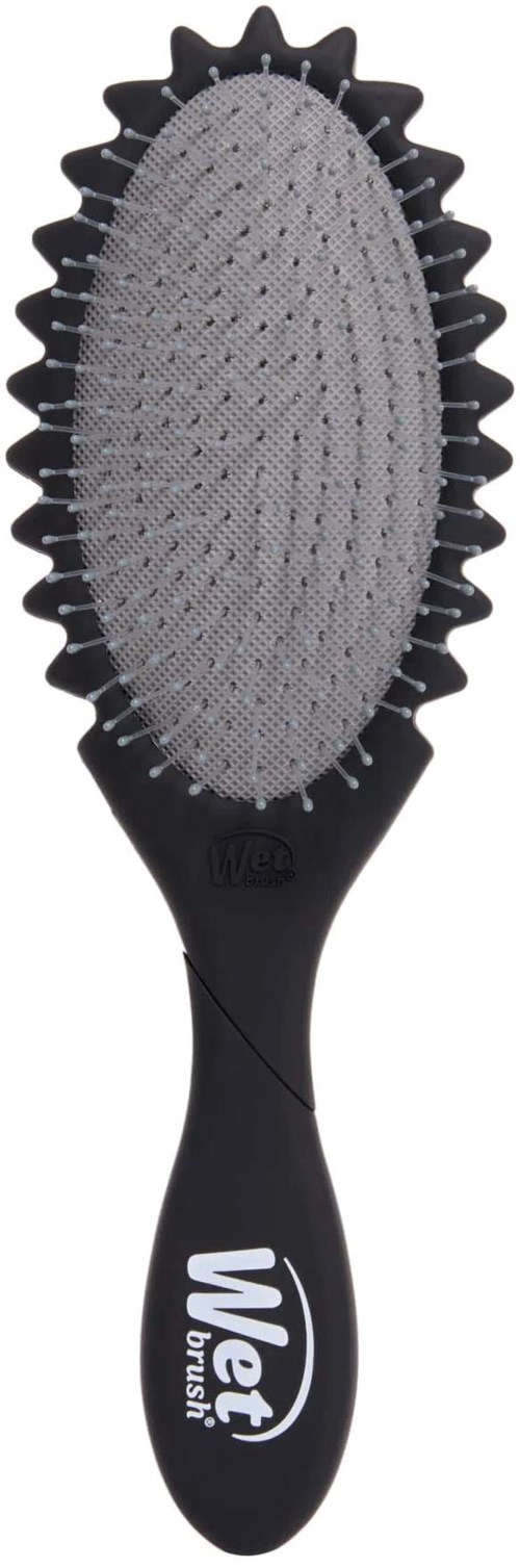 Eine schwarze Haarbürste mit ovaler Form, grauen Borsten und dem Markenname Weet Brush auf dem Griff.