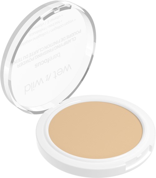 Ein Make-up-Kompakt mit beigem Puder in einem runden weißen Gehäuse mit klarem Deckel.