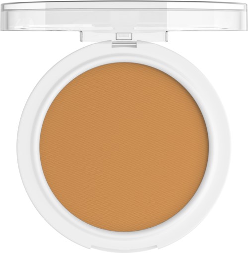 Ein kompaktes Make-up-Puder mit weißem Gehäuse und braunem Puder.