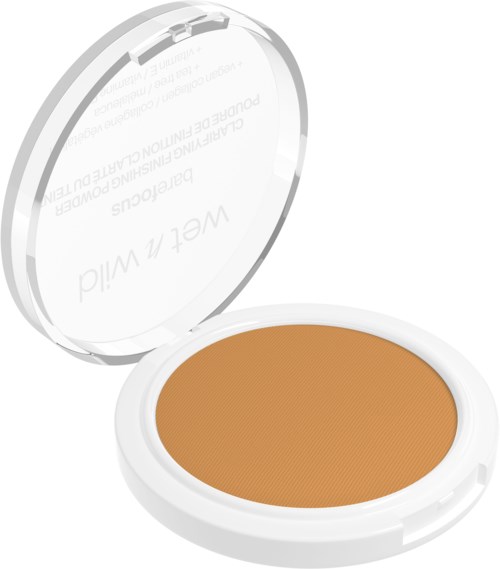 Eine kleine Box mit braunem Puder, wahrscheinlich Make-up, in einem weißen Gehäuse mit klarem Deckel.