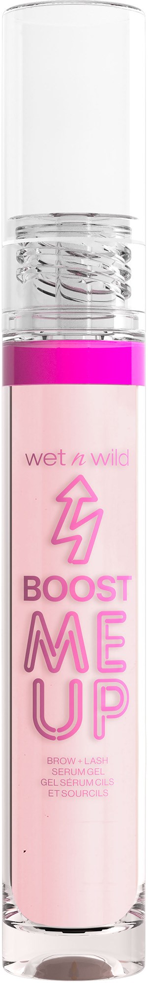 En klar tube med rosa væske inni, merket 'Boost Me Up'. Det ser ut til å være et skjønnhets- eller hudpleieprodukt.