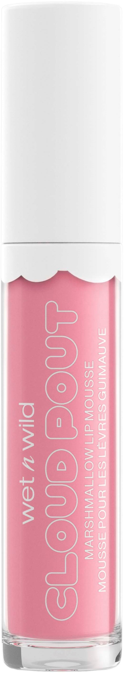 En liten rosa läppglansflaska med vit topp, märkt Wet n Wild Cloud Lip Gloss Moisture Plus.