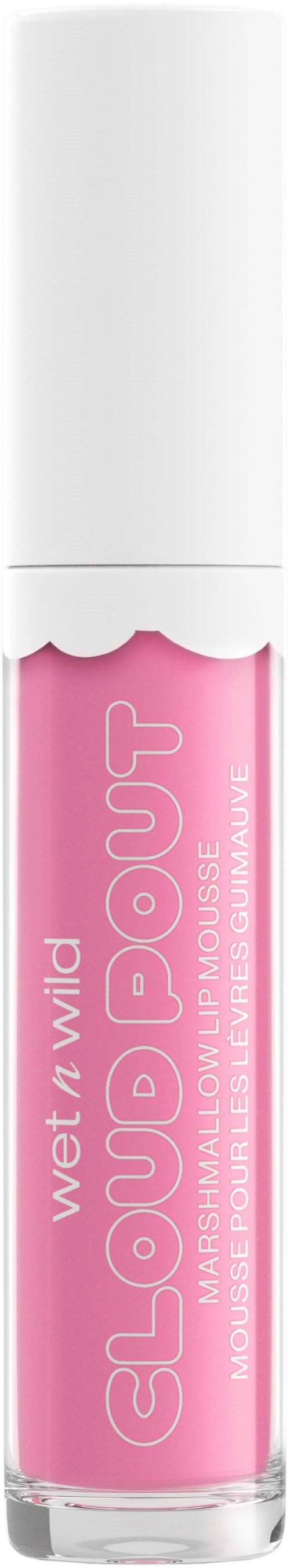 En rosa leppglansrør merket 'wet n wild cloud smash lip mousse gloss' med hvit kork.