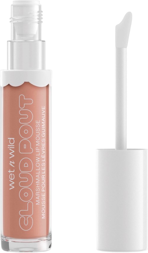 Rosa leppeprodukt med hvit hette, applikator og svamp, merket "wet n wild GLOW OUT".