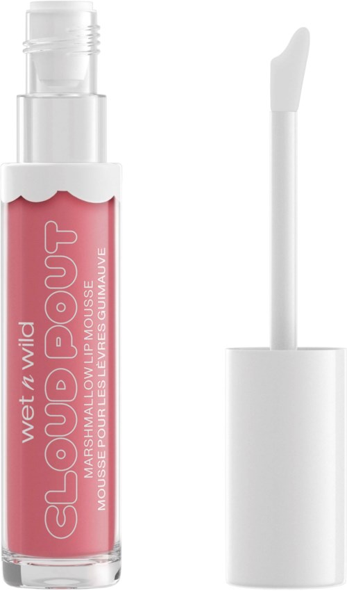 Klart leppeglans med rosa merkelapp og hvit lokk, og en separat hvit applikatorpin.