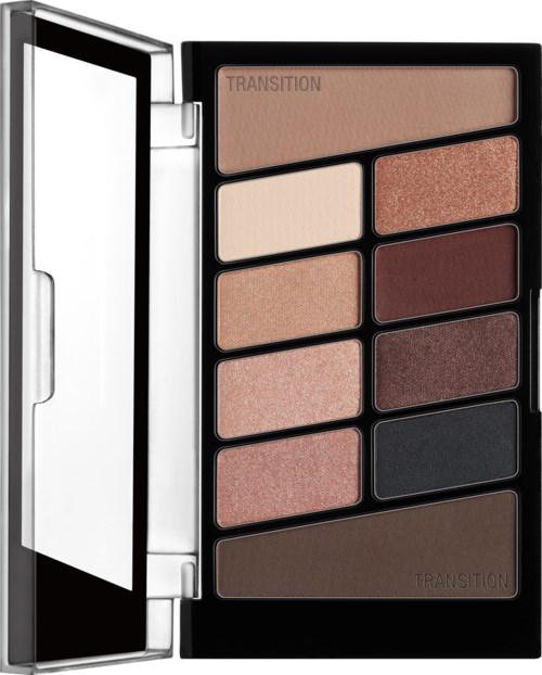 En öppen makeuppalett med flera ögonskuggor i neutrala och mörka färger.