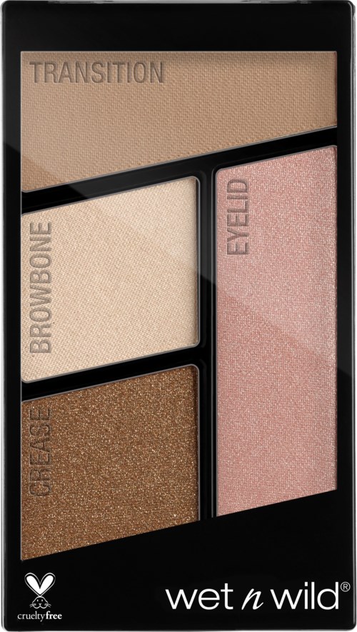 En ögonskuggspalett med fem olika nyanser, inklusive persika, beige, glitterbrunt, rosa och ljusbeige.