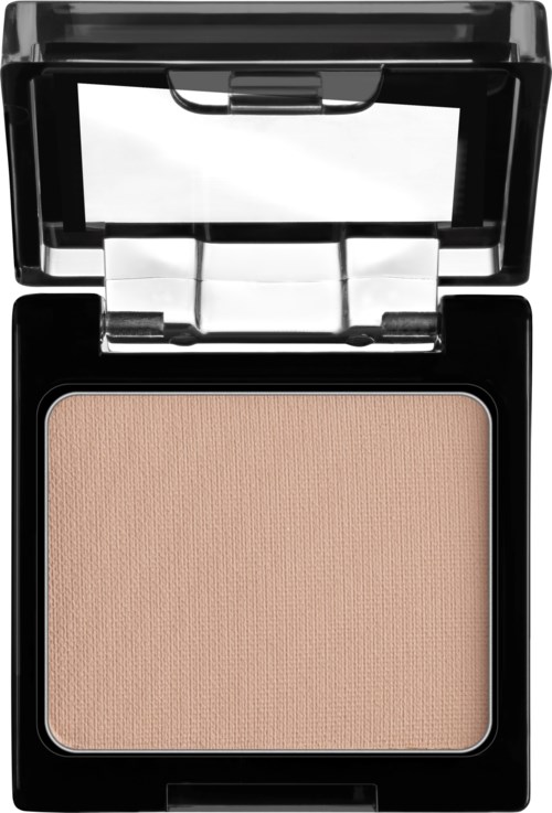En beige makeuppulver i en svart kompakt eske med en speil på toppen.