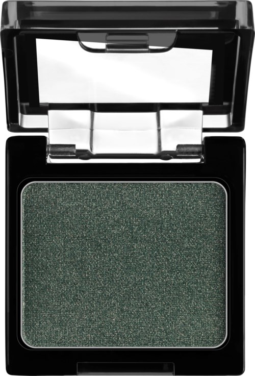 Ein schwarzer Make-up-Deckel mit geöffnetem Spiegel, der dunkelgrünen Lidschatten zeigt.