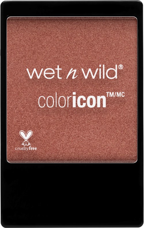En makeup-kompakt i svart förvaringslåda med en rosa nyans och text som visar att det är från Wet n Wilds Color Icon-serie.