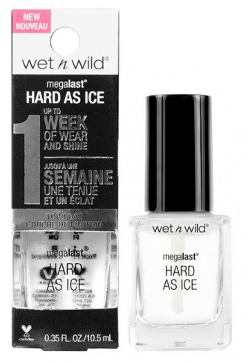 En neglelakkflaske og emballasjen med merket Wet n Wild og produktnavnet Hard As Ice.