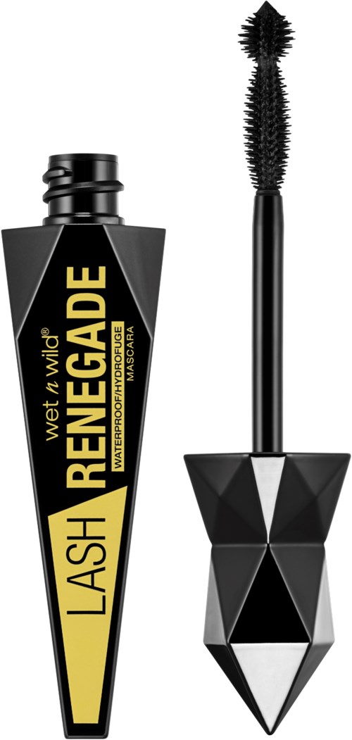 En svart och gul mascara-tub med ett formgëtt lock, och en applicator med en snurrad spoolie.