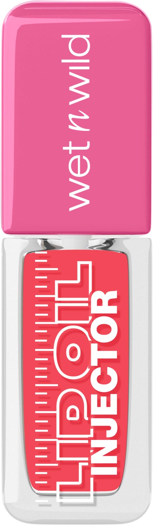 En lyserød læbestift med hvid tekst Wet n Wild på låget og en rød og hvid label med teksten Lip Gloss Invigor på siden.