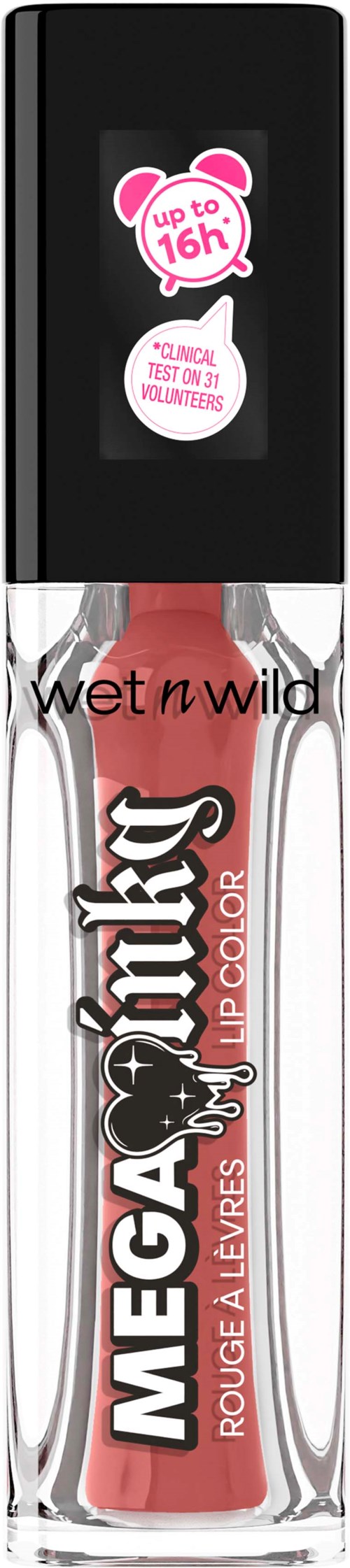 Wet n Wild Mega Last læbestift i koralfarve i gennemsigtig og sort læbestiftbeholder.