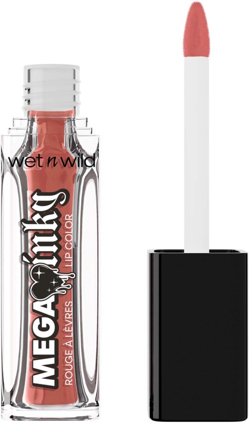 Wet n Wild Megalast Liquid Lip Color i en nude nuance, med applikatoren fjernet og viser lipfarven.