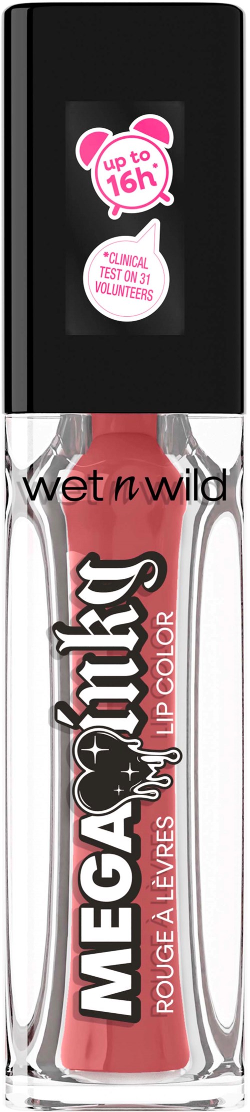 Læbepomade i klar tube med sort låg, mærket Mega My Kiss Wet n Wild, med rosa produkt synligt indeni.