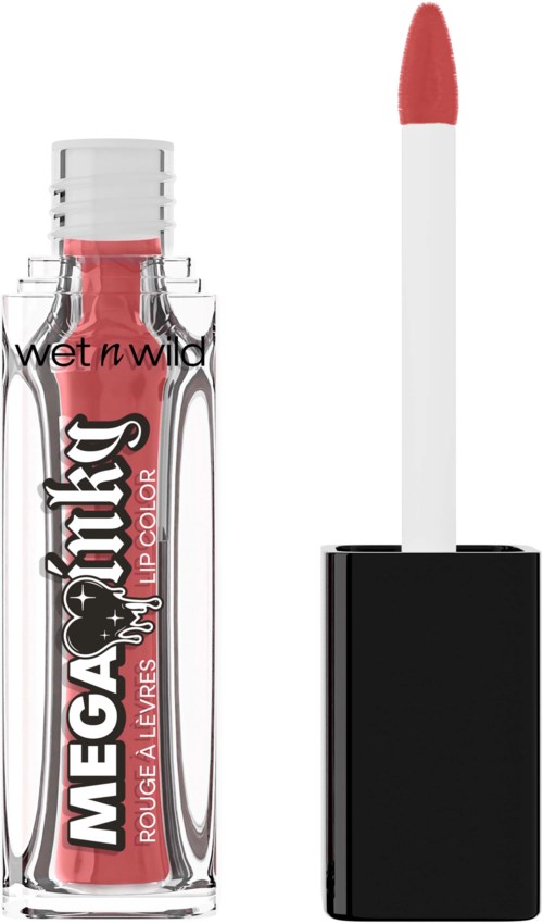 Læbeger glossestift med sort låg og stemplet applikator med lyserød gloss.
