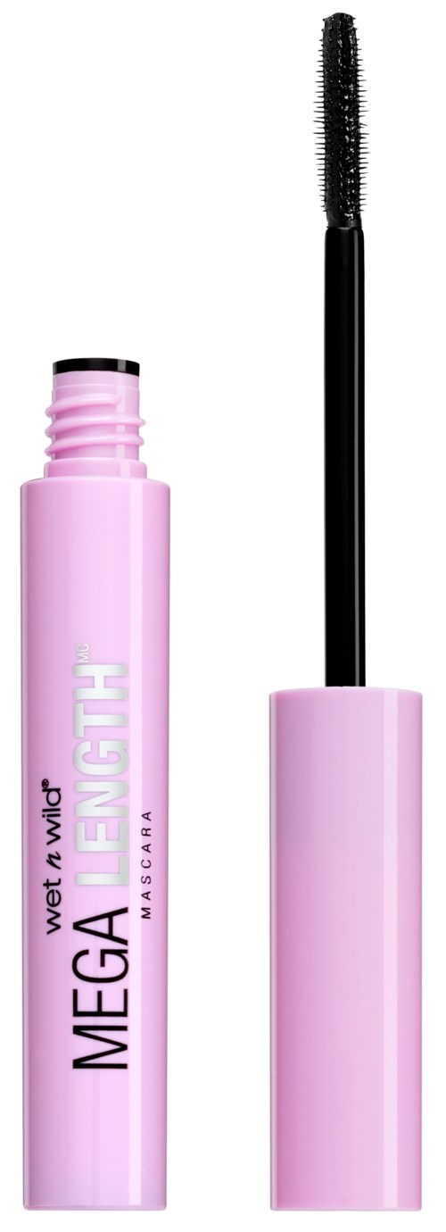 Rosa mascara tub med locket av, visar borsten och wand.