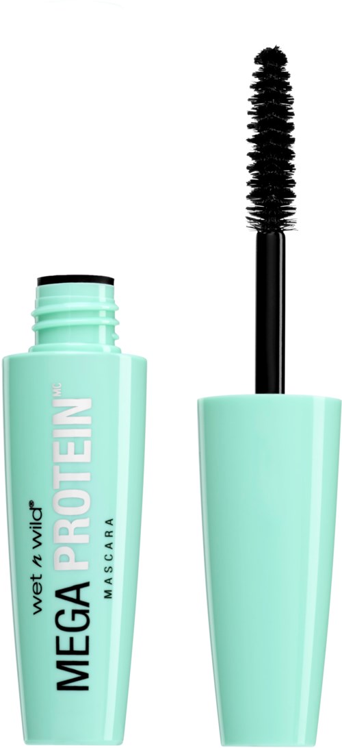 En mintgrön mascara förpackning med borsten borttagen, visar produktnamn och en svart borste.
