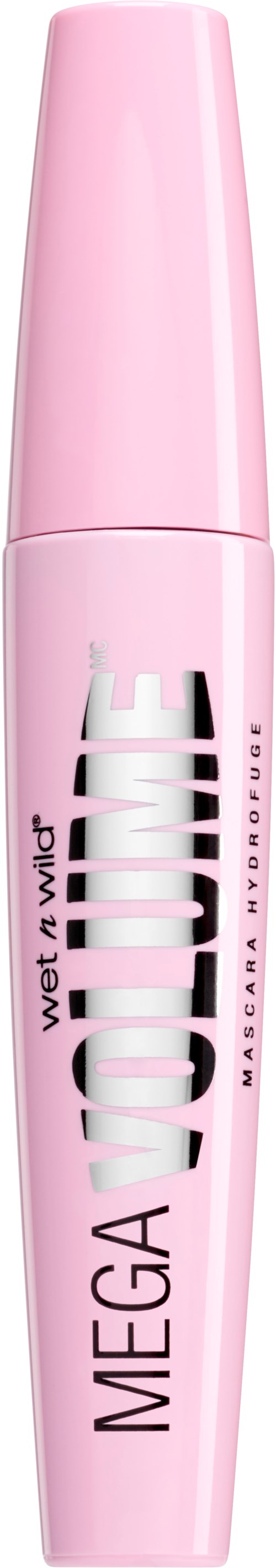 En rosa mascara rör med svart och silvertext som säger "Mega Volume."