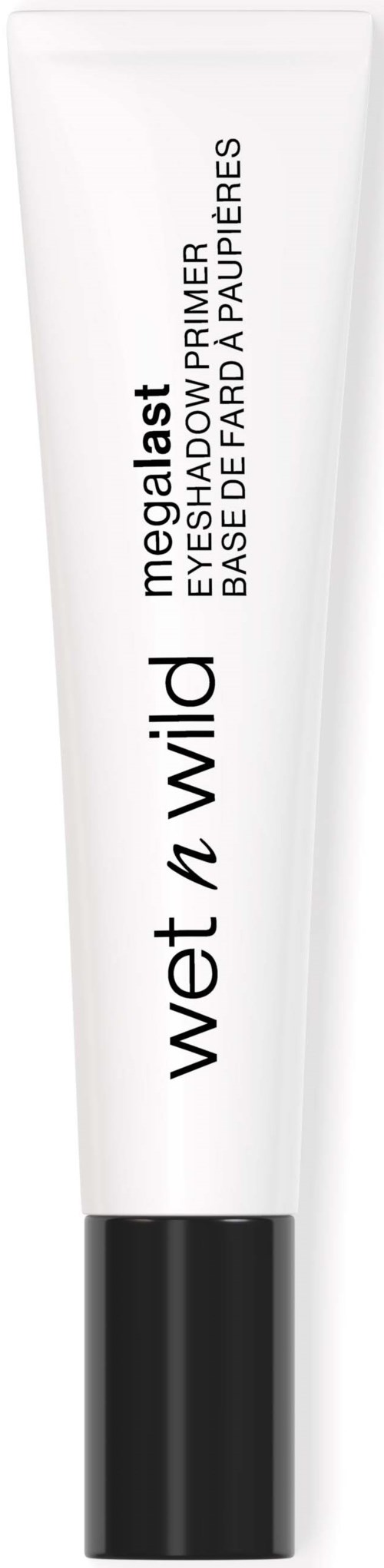 A white tube with black cap, labeled 'wet n wild megalaast' and 'eyeshadow primer'.
