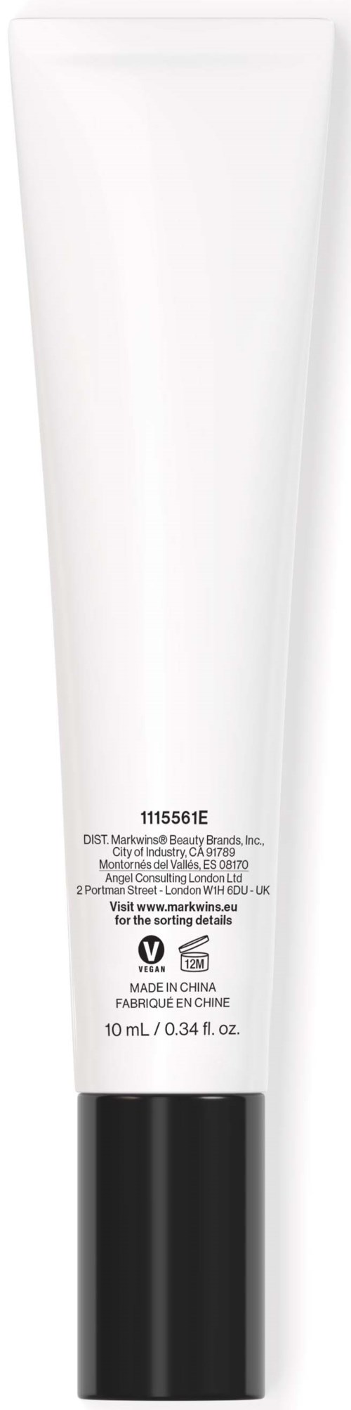 A white tube with a black cap, containing skincare or cosmetic product, with small text and symbols on back.