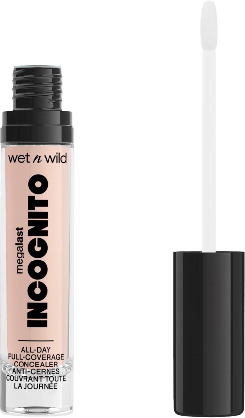 En concealer-rör med svart lock, etiketten säger Wet n Wild MegaSinkle, för heltäckande hela dagen.