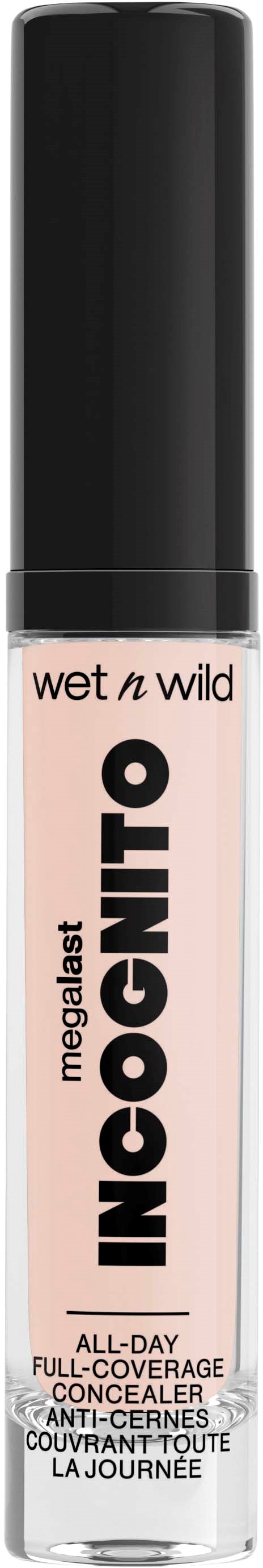 En vit concealer-rör med svart lock, märkt Wet n Wild MegaLast Incognito, på svart bakgrund.