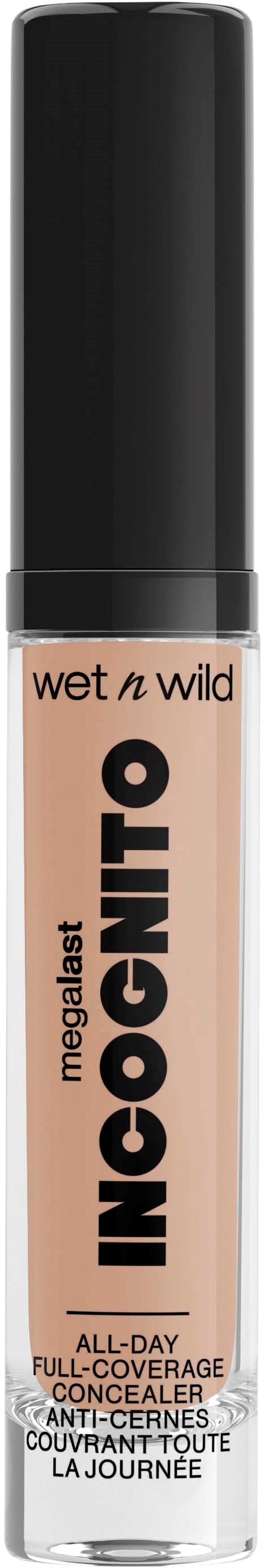 En concealertube med svart hette, merket 'wet n wild MEGALAST INCOGNITO,' for daglig dekning.