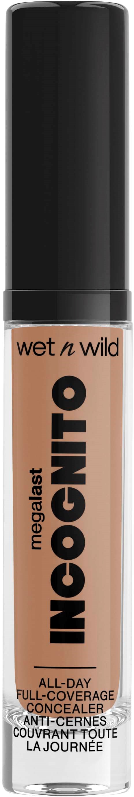 En concealertube med svart hette, merket 'INCOGNITO' og 'wet n wild', for heldagsdekning og anti-blemish.