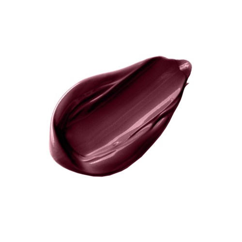 Ein Streifen glänzender, dunkellila Lippenstift auf weißem Hintergrund.