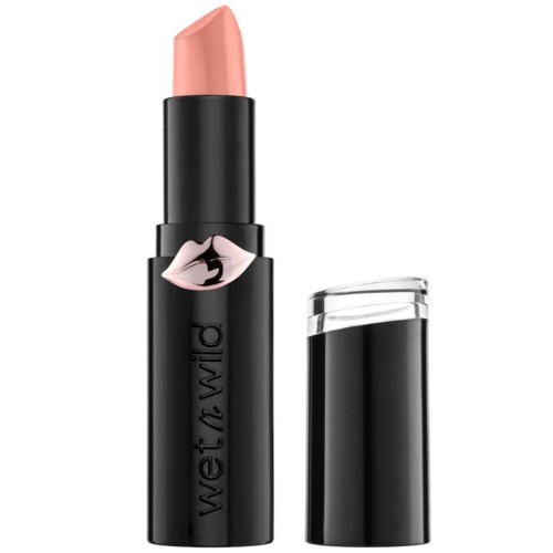 A peach-colored lipstick in a black tube with a pink and black lips design, and a clear cap.