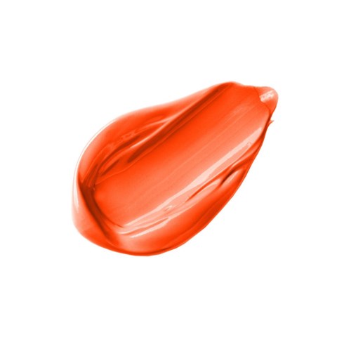 Ein roten-orangen Farbstreifen von Farbe oder Lippenstift auf weißem Hintergrund.