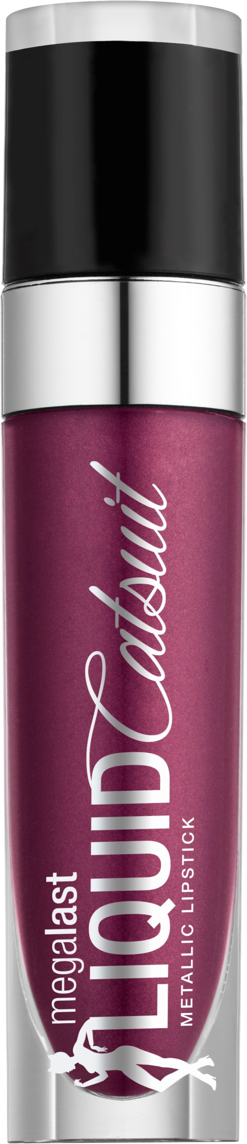 En metallisk lila flytande läppstift i en klar tub med svart lock, märkt "MEGALAST LIQUID Lipstick."