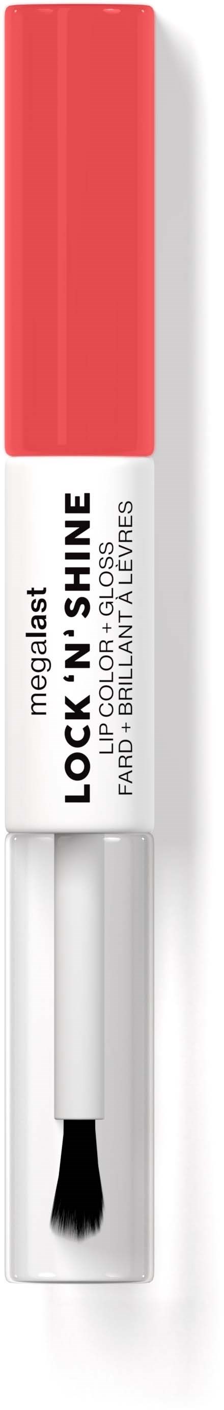 En leppeprodukt i et hvitt og rødt rør med påføringsbørste, merket "Lock N Shine".