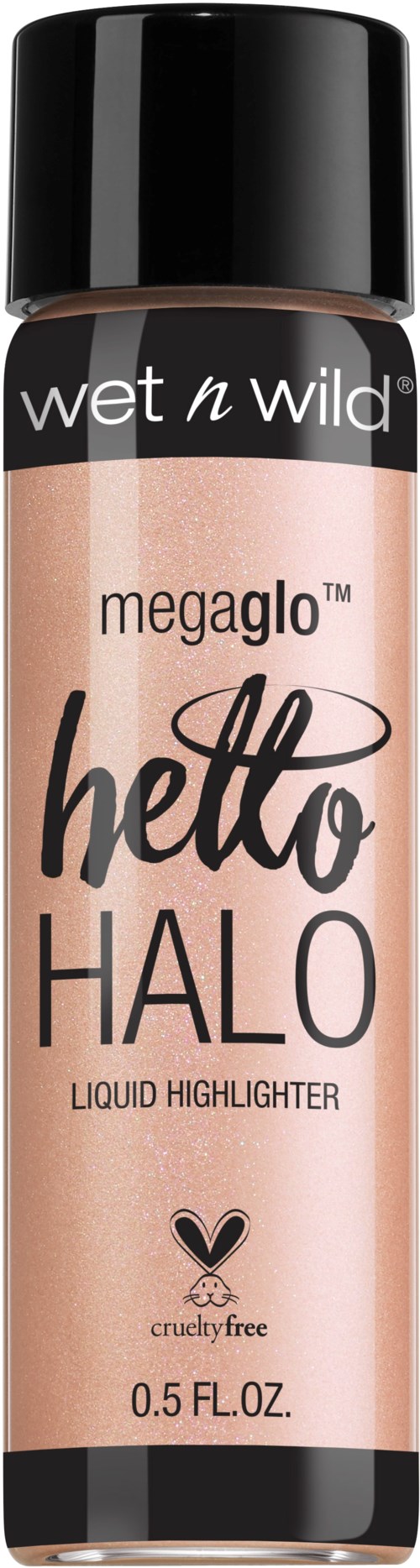 En flaska Wet n Wild Hello Halo flytande highlight, i en rosa nyans, med svart lock och vit och svart text.
