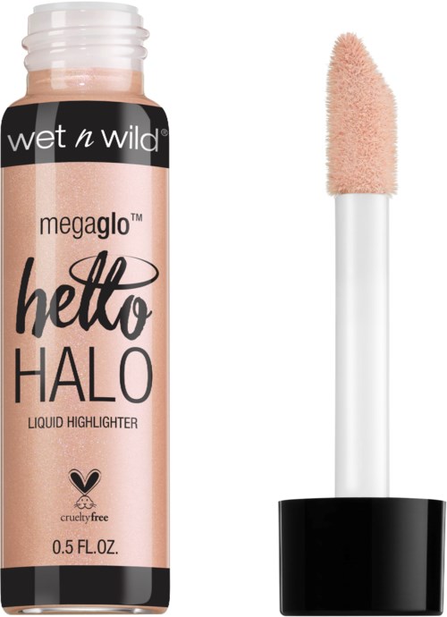 En rosa flytande highlighter med en vit applikator och svart lock.