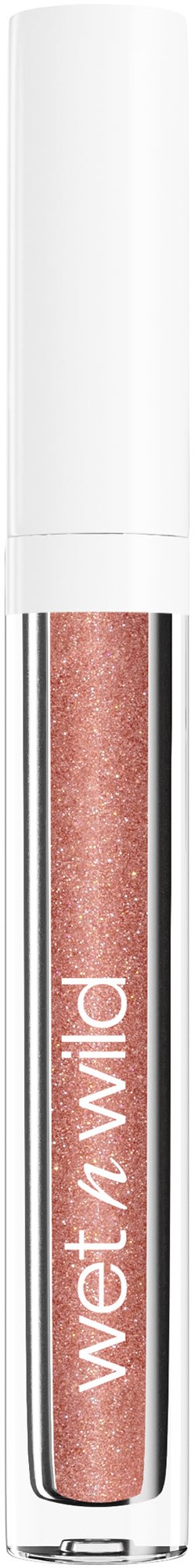 Ein glänzender rosa Lipgloss-Tube mit weißem Deckel, beschriftet 'wet n wild'.