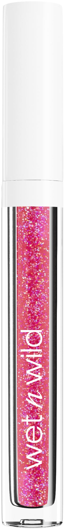 Klare Tube mit pinkem Glitter und weißem Deckel, beschriftet 'Wet n Wild' Lippenstift oder Lipgloss.