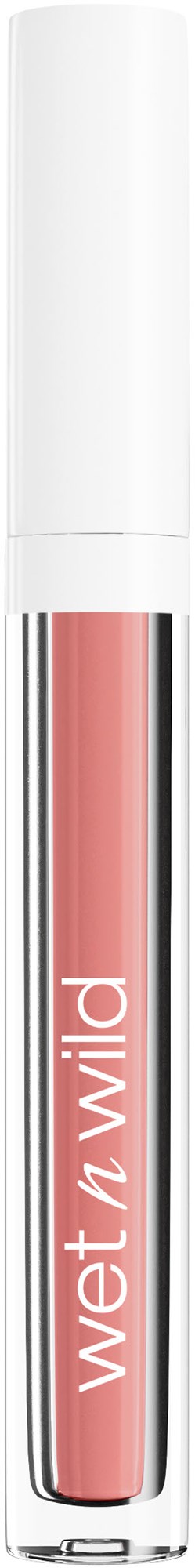 Ein Lipgloss-Röhrchen mit weißem Deckel, durchsichtigem Körper mit rosa Glanz und 'wet n wild'-Markierung.