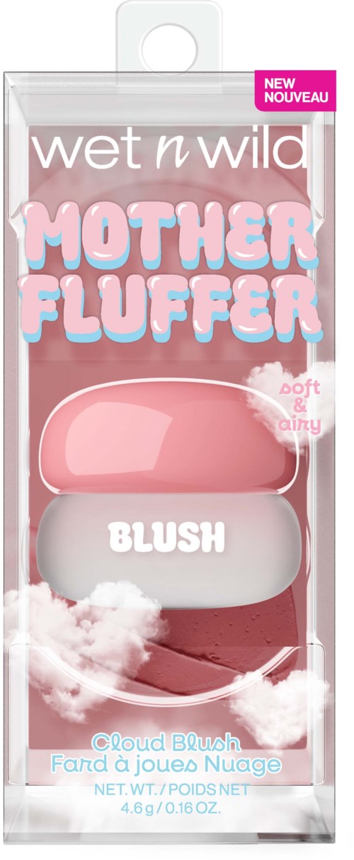 Wet n Wild Mother Fluffer poskipuna ja korostus duo vaaleanpunaisessa ja valkoisessa pakkauksessa pilvikuvio.