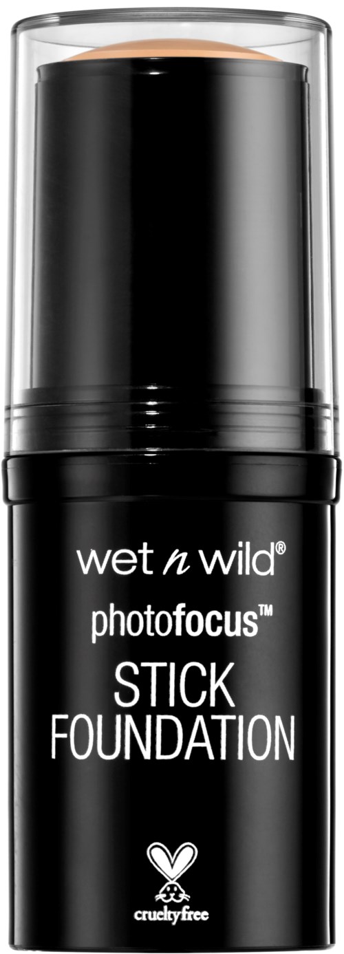 En svart stiftfoundationbehållare med märket 'wet n wild', 'photofocus' och en kaninlogo under.