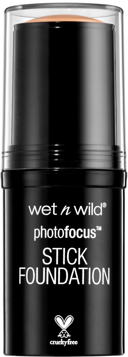 Czarna tubka podkładu w sztyfcie z białym tekstem i logo, oznaczona 'wet n wild photofocus STICK FOUNDATION'.
