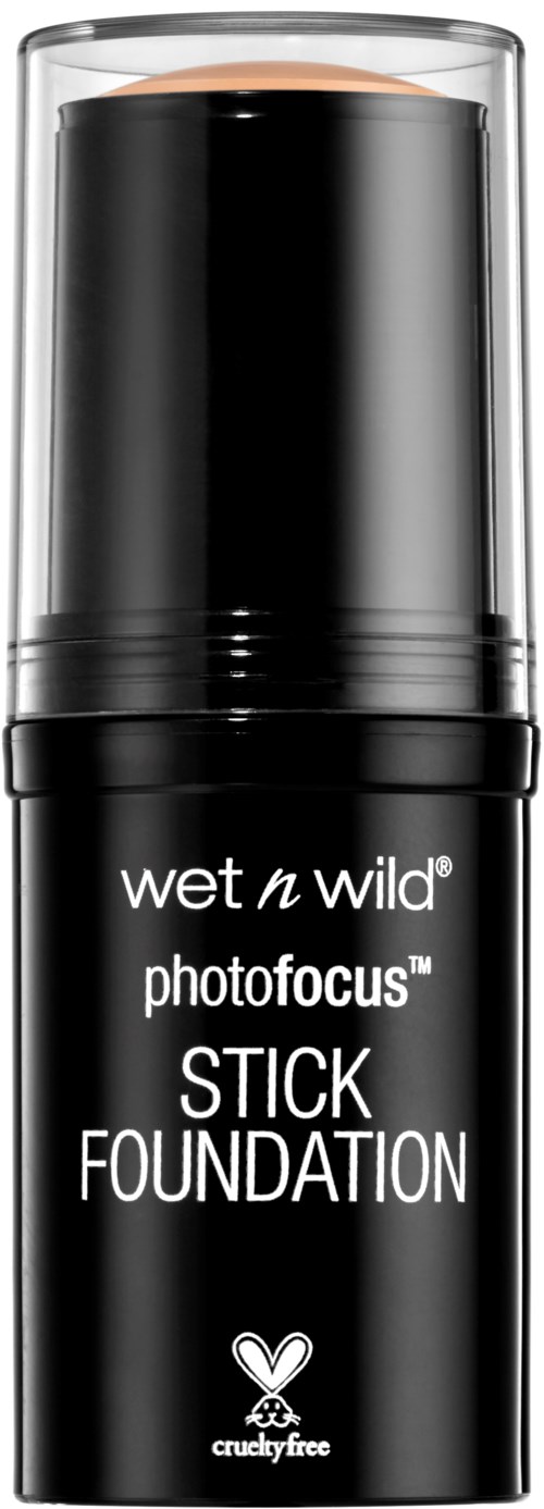 Czarna sztyftowa podkład w tubce z przezroczystą nakrętką, oznaczony 'wet n wild photo focus stick foundation' i małym logo królika.