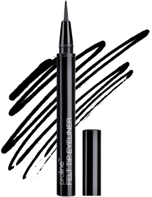 Flydende eyeliner pen med sort låg og sort blækbaggrund.